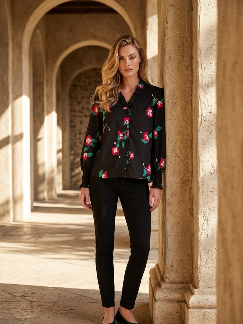 NWT Tankaneo Black Floral Ruffle Collar Puff Sleeve Button-Down Blouse Women’s M